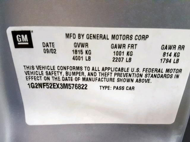 1G2NF52EX3M576822 - 2003 PONTIAC GRAND AM S SILVER photo 10