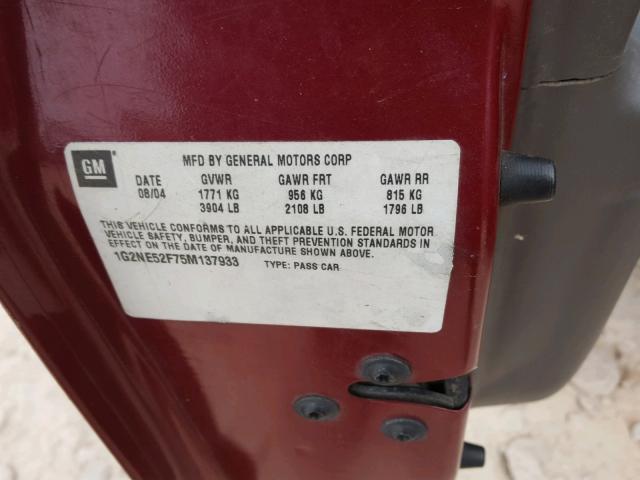 1G2NE52F75M137933 - 2005 PONTIAC GRAND AM S Bordo foto 10