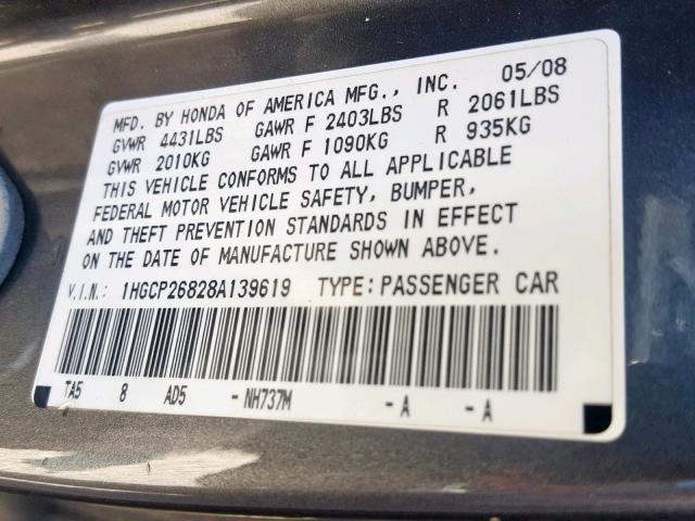 1HGCP26828A139619 - 2008 HONDA ACCORD EXL GRAY photo 10