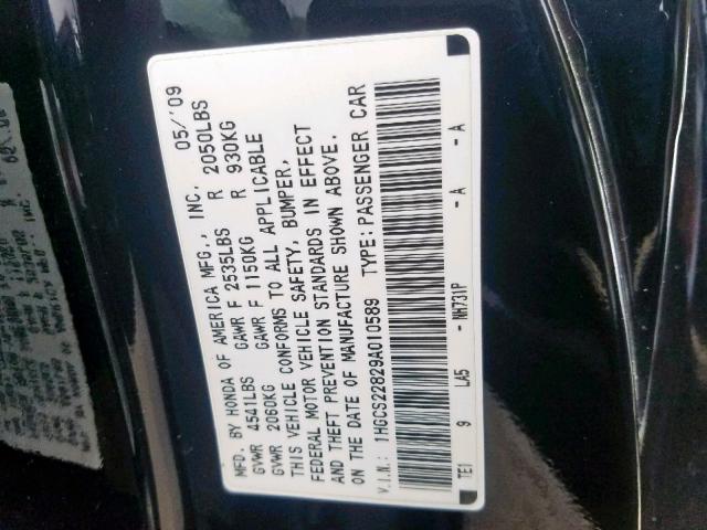 1HGCS22829A010589 - 2009 HONDA ACCORD EXL BLACK photo 10