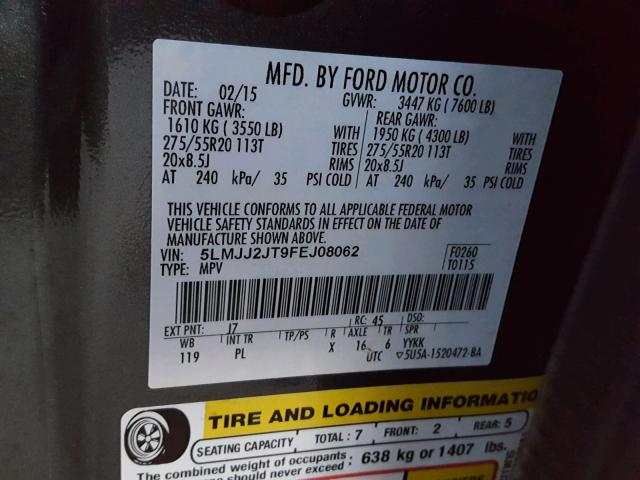 5LMJJ2JT9FEJ08062 - 2015 LINCOLN NAVIGATOR Сұр фото 10