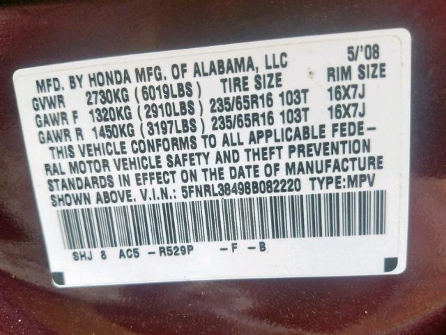 5FNRL38498B082220 - 2008 HONDA ODYSSEY EX BURGUNDY photo 10