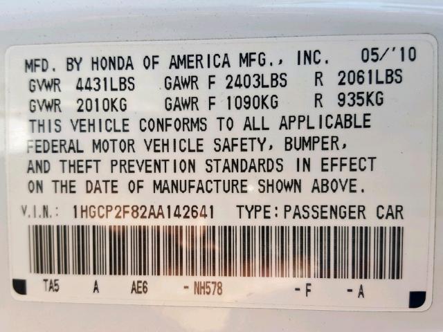 1HGCP2F82AA142641 - 2010 HONDA ACCORD EXL WHITE photo 10