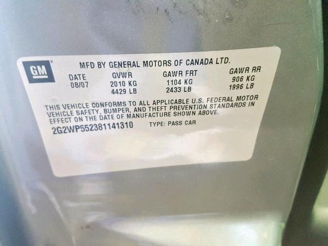 2G2WP552381141310 - 2008 PONTIAC GRAND PRIX GRAY photo 10