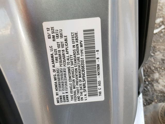 5FNRL5H94CB083551 - 2012 HONDA ODYSSEY TO SILVER photo 10