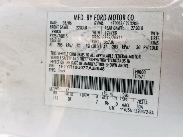 1FTYR10U07PA28948 - 2007 FORD RANGER WHITE photo 10