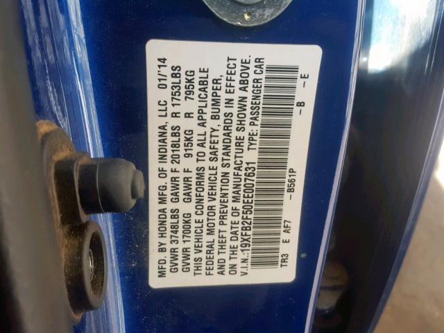 19XFB2F50EE007631 - 2014 HONDA CIVIC LX BLUE photo 10