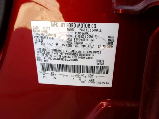 2LMDJ6JK5DBL26589 - 2013 LINCOLN MKX RED photo 10