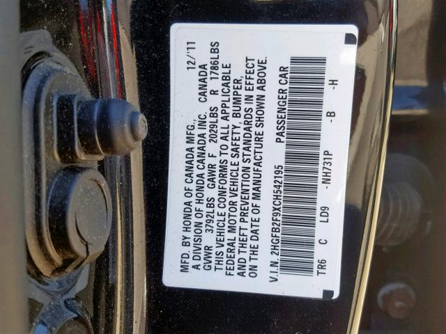 2HGFB2F9XCH542195 - 2012 HONDA CIVIC EXL 黑色 照片 10