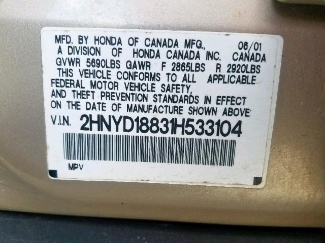 2HNYD18831H533104 - 2001 ACURA MDX TOURIN TAN photo 10