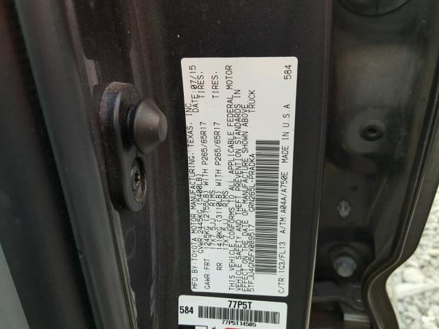 5TFJU4GN5FX089517 - 2015 TOYOTA TACOMA DOU GRAY photo 10