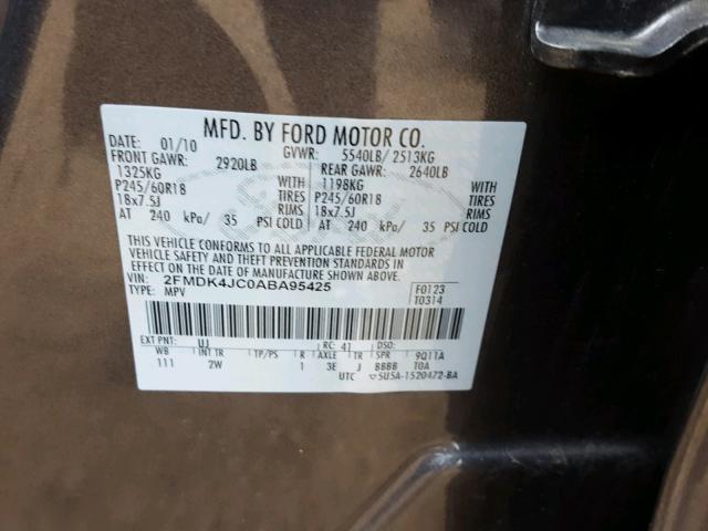 2FMDK4JC0ABA95425 - 2010 FORD EDGE SEL CHARCOAL photo 10