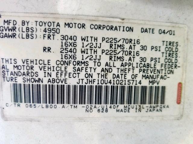 JTJHF10U410215714 - 2001 LEXUS RX 300 WHITE photo 10