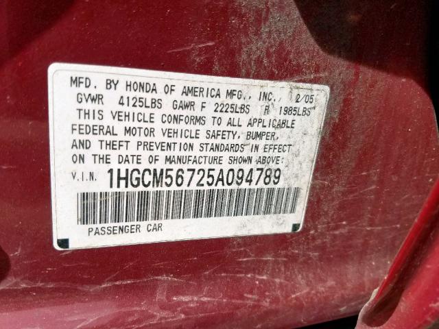 1HGCM56725A094789 - 2005 HONDA ACCORD EX MAROON photo 10