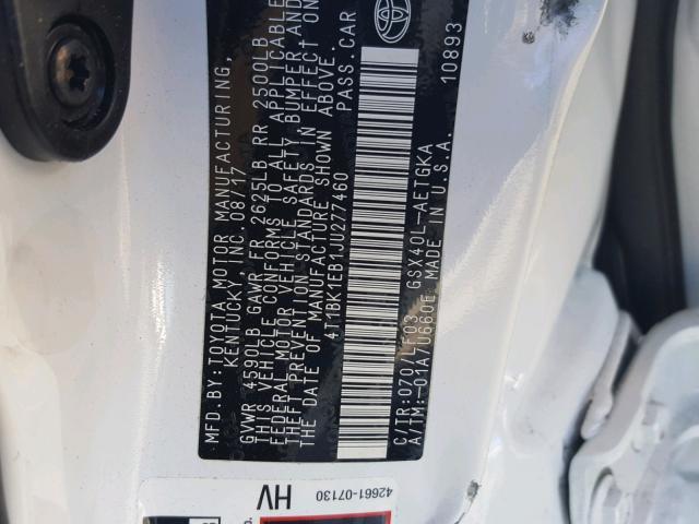 4T1BK1EB1JU277460 - 2018 TOYOTA AVALON XLE WHITE photo 10