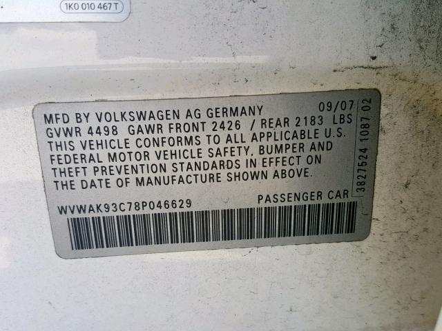 WVWAK93C78P046629 - 2008 VOLKSWAGEN PASSAT KOM WHITE photo 10