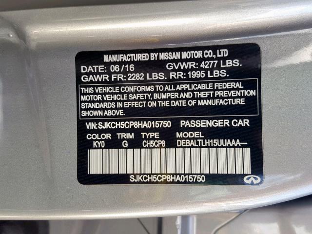 SJKCH5CP8HA015750 - 2017 INFINITI QX30 BASE SILVER photo 10