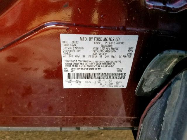 2FMTK4K96FBB85510 - 2015 FORD EDGE TITAN BROWN photo 10