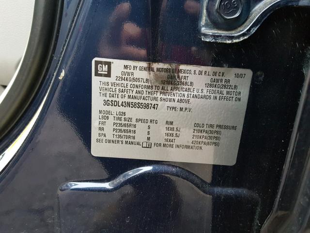 3GSDL43N58S598747 - 2008 SATURN VUE XE BLUE photo 10