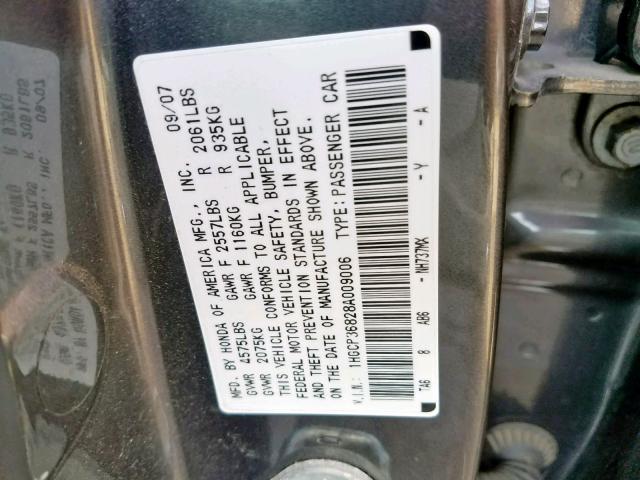 1HGCP36828A009006 - 2008 HONDA ACCORD EXL GRAY photo 10