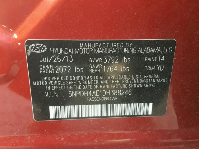 5NPDH4AE1DH388246 - 2013 HYUNDAI ELANTRA GL RED photo 10