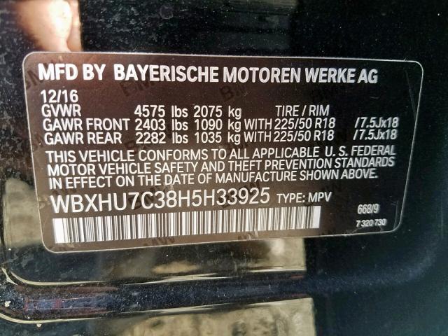 WBXHU7C38H5H33925 - 2017 BMW X1 SDRIVE2 BLACK photo 10
