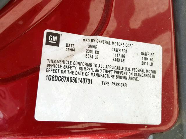 1G6DC67A950140701 - 2005 CADILLAC STS RED photo 10