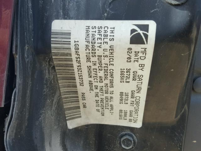1G8AF52F93Z153732 - 2003 SATURN ION LEVEL BURGUNDY photo 10