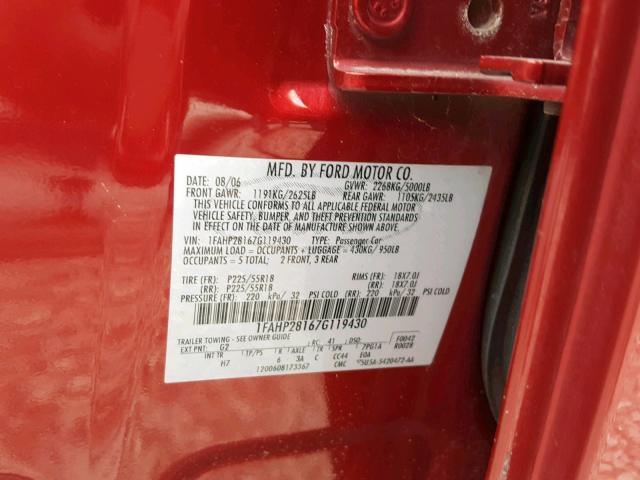 1FAHP28167G119430 - 2007 FORD FIVE HUNDR RED photo 10