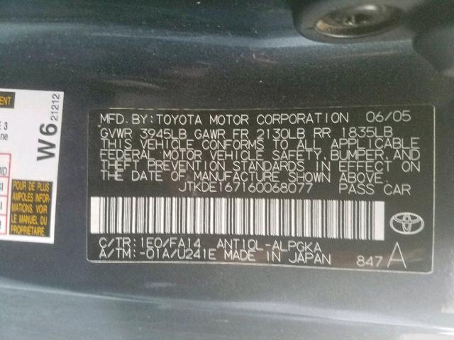 JTKDE167160068077 - 2006 TOYOTA SCION TC ნაცრისფერი ფოტო 10