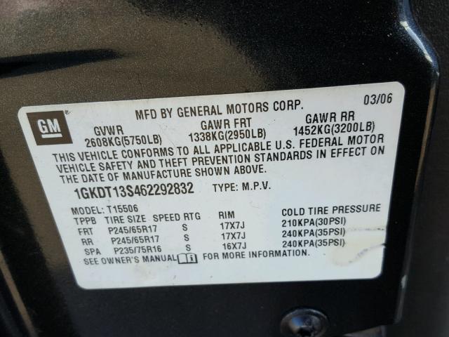 1GKDT13S462292832 - 2006 GMC ENVOY CHARCOAL photo 10