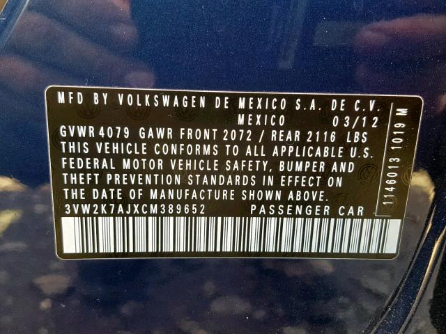 3VW2K7AJXCM389652 - 2012 VOLKSWAGEN JETTA BASE Կապույտ լուսանկար 10