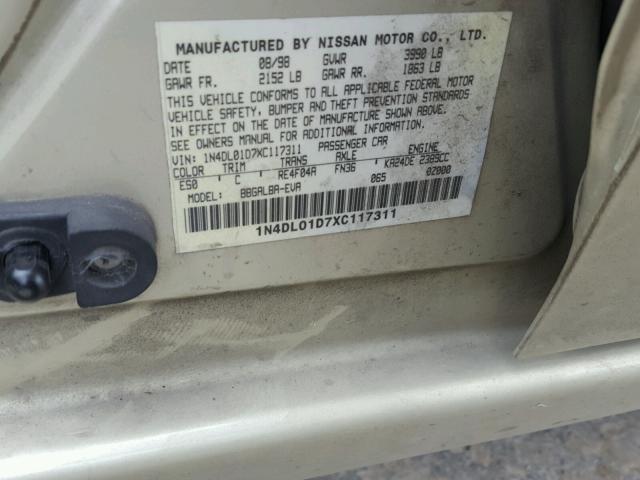 1N4DL01D7XC117311 - 1999 NISSAN ALTIMA XE GOLD photo 10