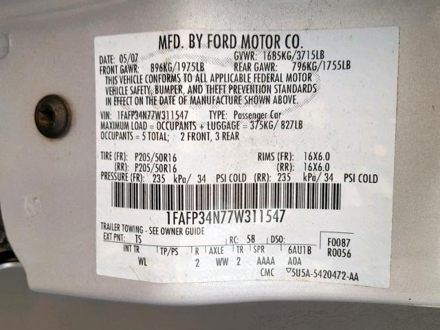 1FAFP34N77W311547 - 2007 FORD FOCUS ZX4 SILVER photo 10