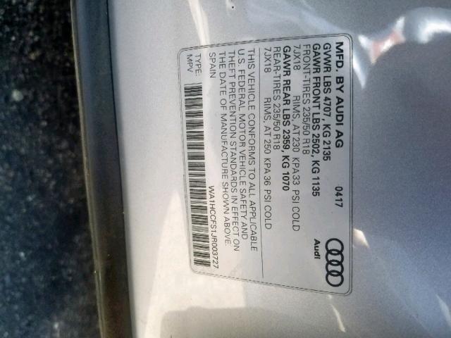 WA1HCCFS1JR003727 - 2018 AUDI Q3 PREMIUM SILVER photo 10