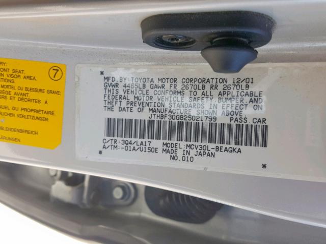 JTHBF30G825021799 - 2002 LEXUS ES 300 SILVER photo 10