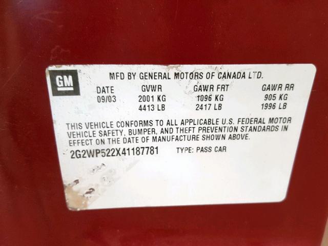 2G2WP522X41187781 - 2004 PONTIAC GRAND PRIX RED photo 10