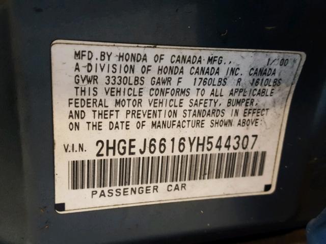 2HGEJ6616YH544307 - 2000 HONDA CIVIC BASE Mavi foto 10