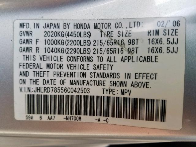 JHLRD78556C042503 - 2006 HONDA CR-V LX SILVER photo 10