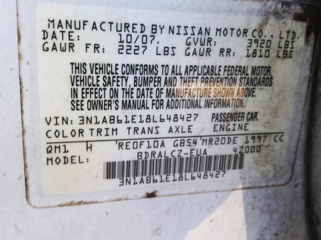 3N1AB61E18L648427 - 2008 NISSAN SENTRA 2.0 WHITE photo 10