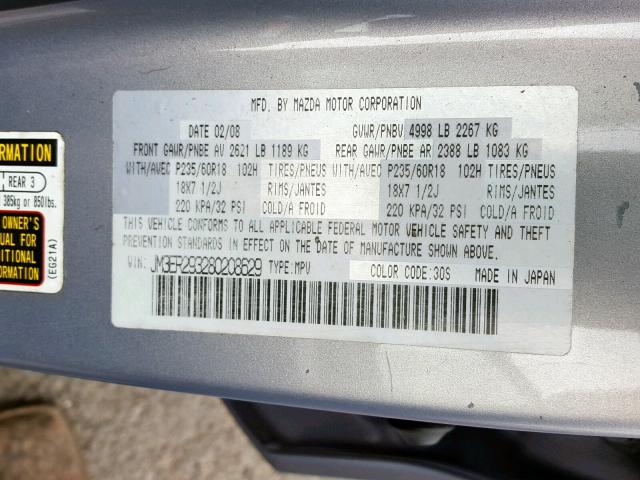 JM3ER293280208629 - 2008 MAZDA CX-7 GRAY photo 10