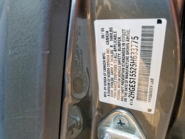 2HGES15525H633775 - 2005 HONDA CIVIC LX GRAY photo 10