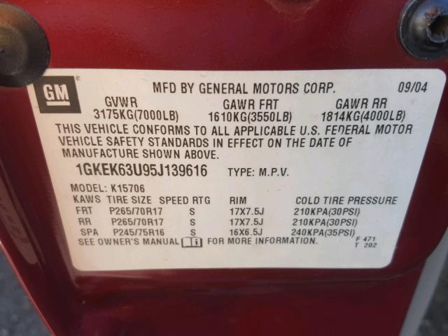 1GKEK63U95J139616 - 2005 GMC YUKON DENA BURN photo 10