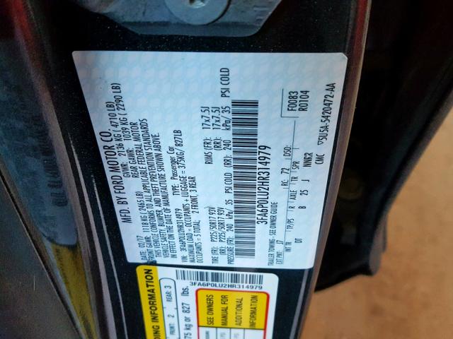 3FA6P0LU2HR314979 - 2017 FORD FUSION SE CHARCOAL photo 10