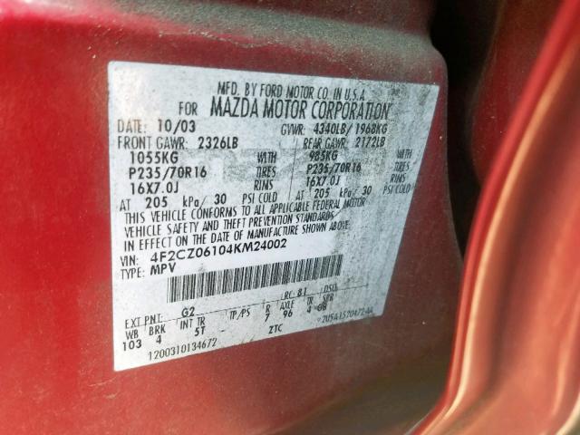 4F2CZ06104KM24002 - 2004 MAZDA TRIBUTE ES 红色 照片 10