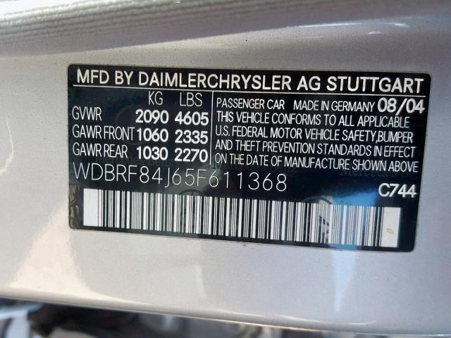 WDBRF84J65F611368 - 2005 MERCEDES-BENZ C 320 4MAT SILVER photo 10