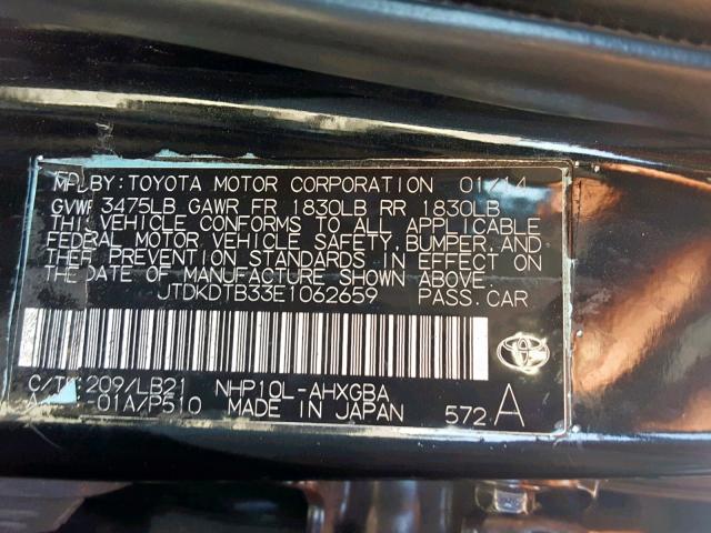 JTDKDTB33E1062659 - 2014 TOYOTA PRIUS C BLACK photo 10