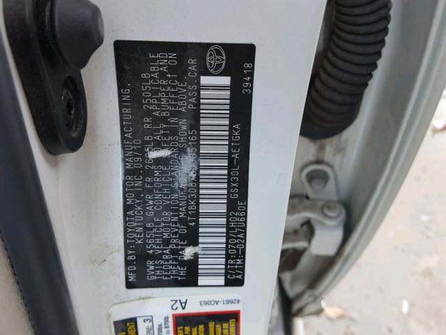 4T1BK3DBXBU395165 - 2011 TOYOTA AVALON BAS WHITE photo 10