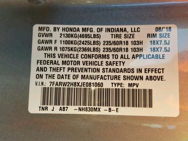 7FARW2H8XJE081060 - 2018 HONDA CR-V EXL SILVER photo 10