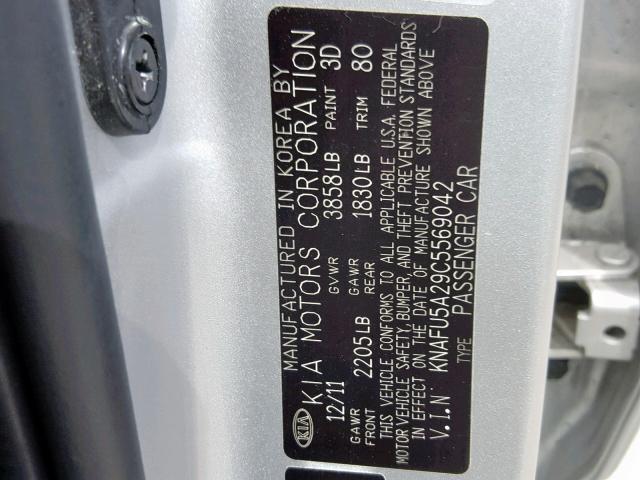 KNAFU5A29C5569042 - 2012 KIA FORTE EX SILVER photo 10